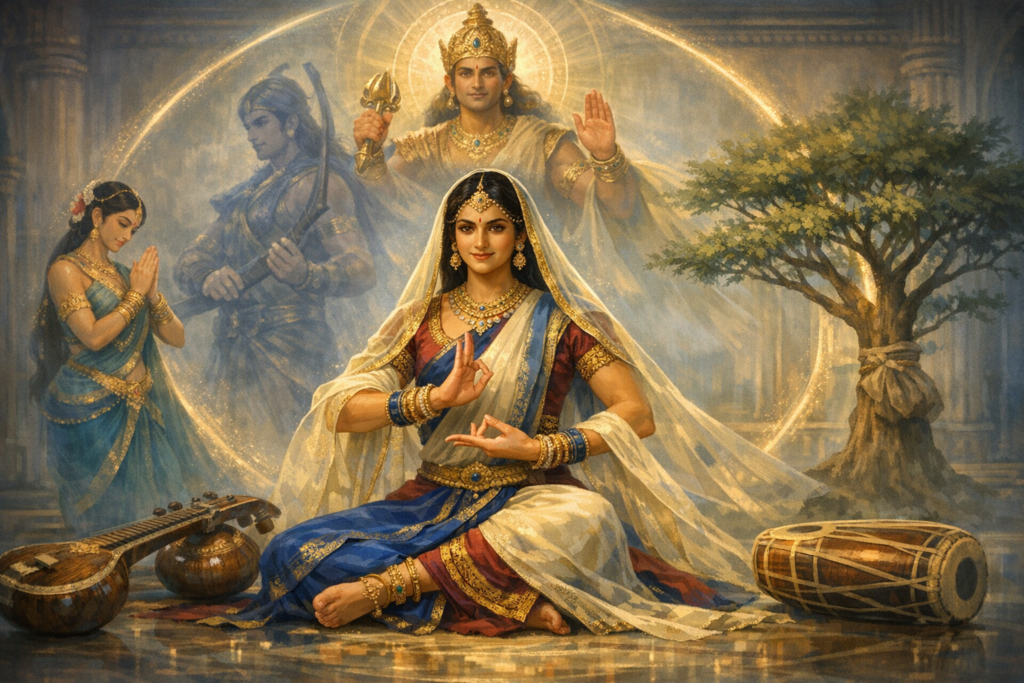Illustration of a serene woman in ornate sari performing Indian classical hand mudras, flanked by a veena and a mridangam, with haloed figures and a sacred tree in a temple backdrop.
