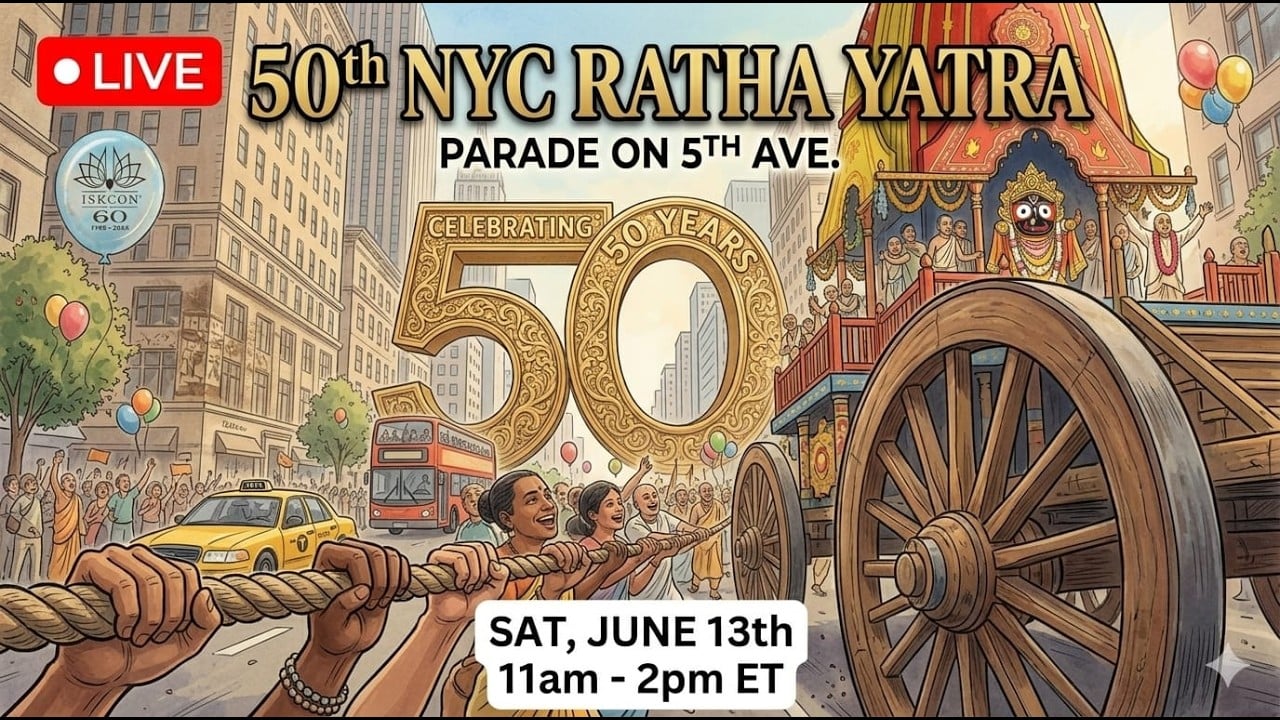Illustrated poster for the 50th NYC Ratha Yatra on 5th Ave: devotees pull a colorful chariot past city crowds, 'Celebrating 50 Years' banner, ISKCON 60 emblem, and live timing details; testing.