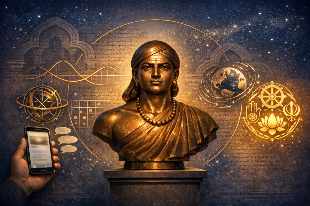 Bronze bust of an Indian sage amid golden icons of mathematics, astronomy, and DNA, with a hand holding a smartphone, linking ancient knowledge to modern technology under a starry, text-lined sky.