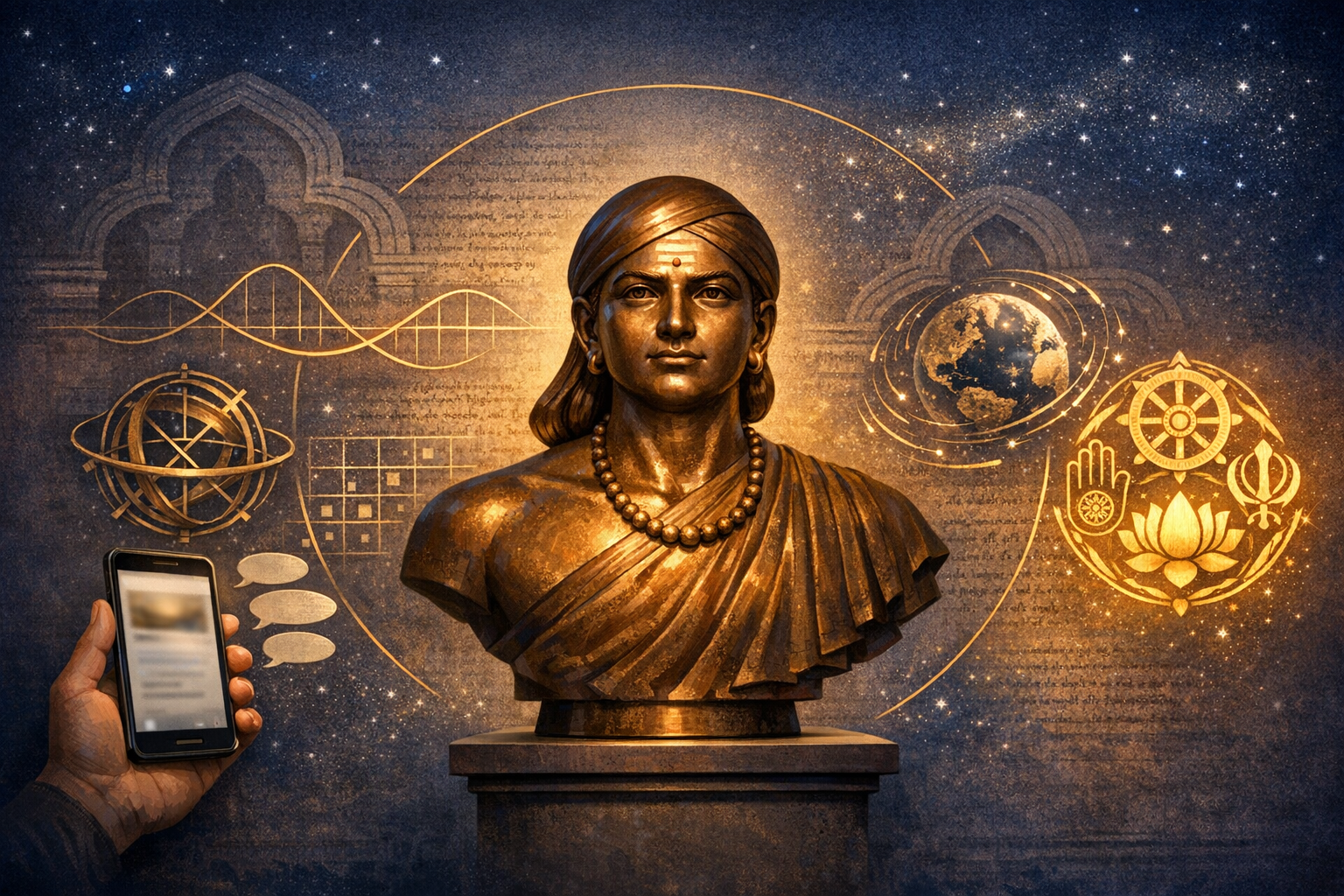 Bronze bust of an Indian sage amid golden icons of mathematics, astronomy, and DNA, with a hand holding a smartphone, linking ancient knowledge to modern technology under a starry, text-lined sky.