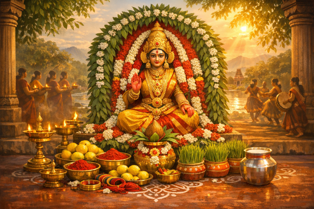 Gold-clad Lakshmi idol before a garland arch, surrounded by brass lamps, kumkum, laddoos, a kalash and sprouted grains on a kolam; devotees and drummers near a riverside Hindu temple at sunset.