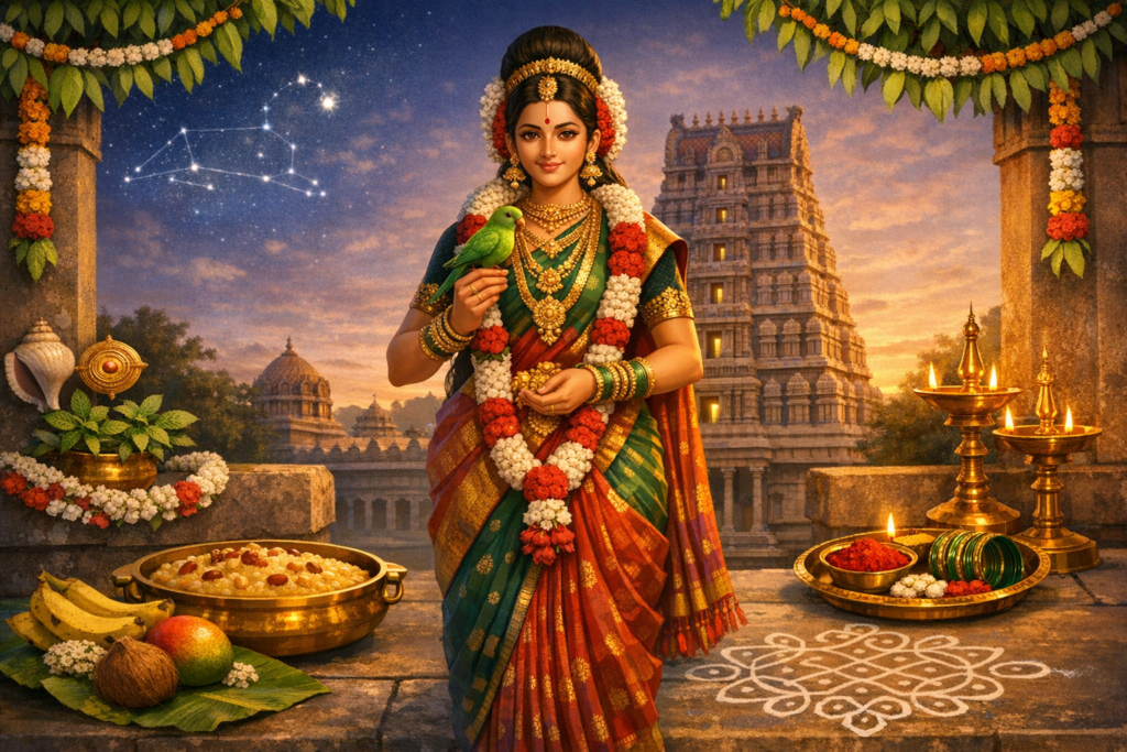 At a South Indian temple at dusk, a woman in a silk sari holds a green parrot, with lit brass lamps, a white kolam, fruit and sweet offerings, garlands, and a traced constellation above.