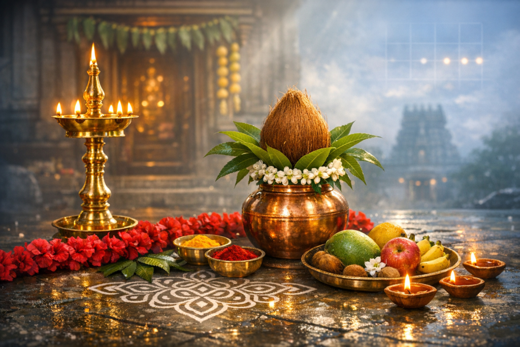Brass oil lamp and a copper kalash topped with coconut and mango leaves, ringed by jasmine, with rangoli, flowers, fruits, and bowls of turmeric and kumkum set for a Hindu temple puja at dusk.