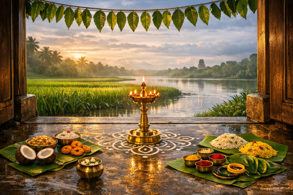 Brass oil lamp on a white kolam glows at dawn under a mango-leaf garland; banana leaves display South Indian festive dishes, coconuts, spices, and betel leaves beside a river and green rice fields.
