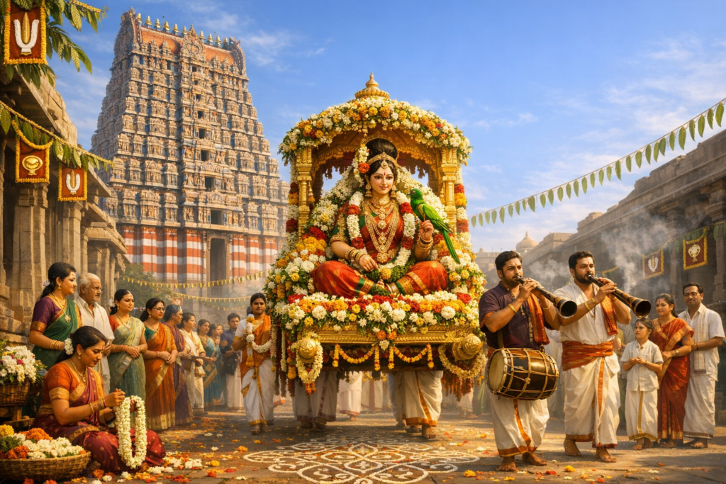 Floral chariot bearing a seated deity statue moves through a South Indian temple courtyard; a towering gopuram behind as drum and nadaswaram players lead, while devotees in saris offer garlands.