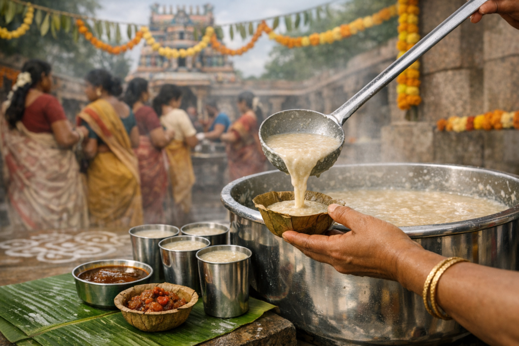 Steaming ladle pours creamy rice porridge into a leaf bowl beside chutneys and steel tumblers on a banana leaf, as visitors queue in a garlanded temple courtyard for festival prasad, Indian cuisine.