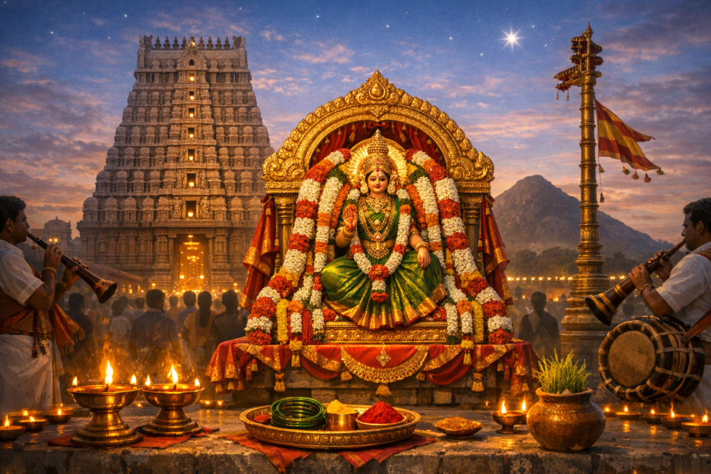 Ornate Hindu goddess idol in a green sari on a golden throne, ringed with jasmine and marigold garlands, as nadaswaram and drum players perform before a lamp-lit South Indian temple gopuram at dusk.