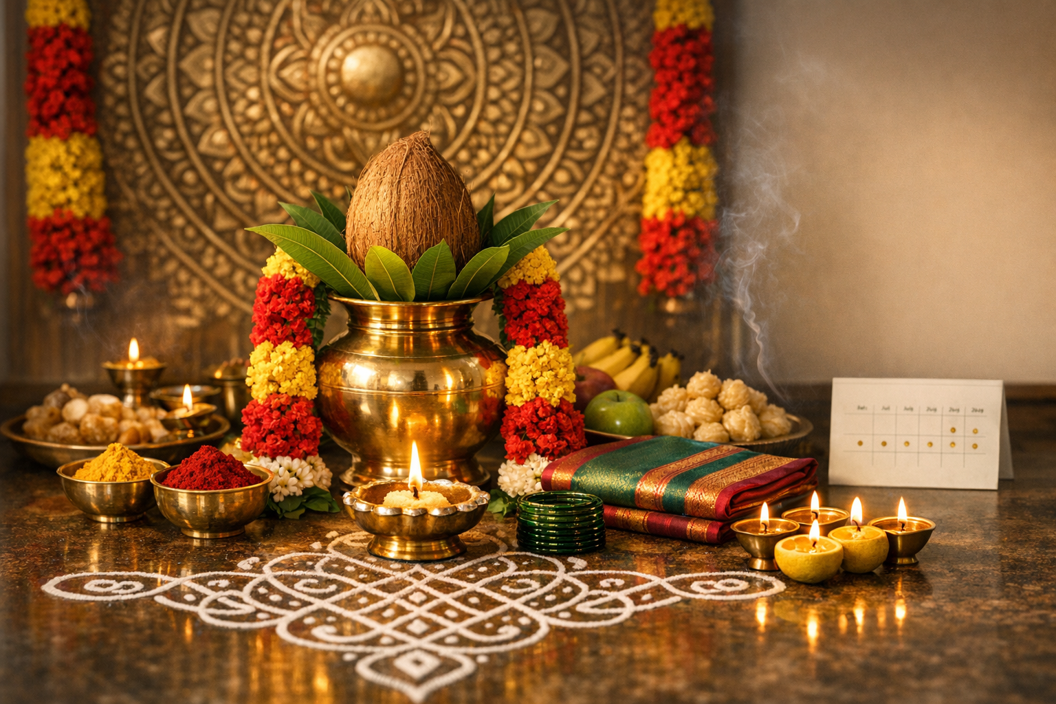 Traditional Hindu puja scene: a brass kalash with coconut and mango leaves, marigold garlands, lit diyas on white rangoli, bowls of turmeric and kumkum, sweets, fruits, incense, and a silk saree.