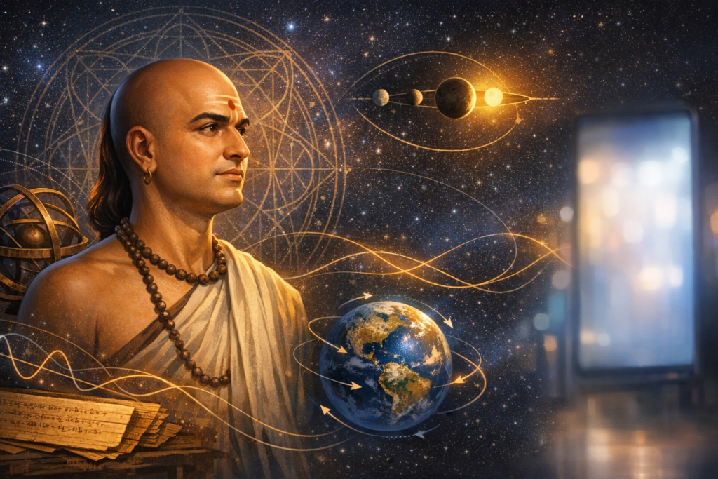 Illustration of an ancient scholar in robes with beads and a red forehead mark, flanked by scrolls, an armillary sphere, Earth, and orbital paths in a starry sky, evoking astronomy and mathematics.