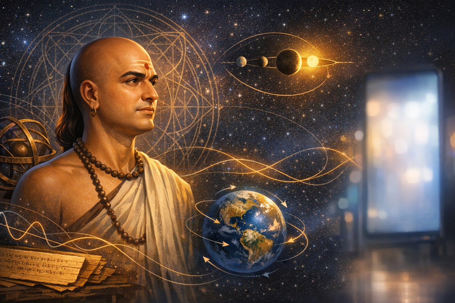 Illustration of an ancient scholar in robes with beads and a red forehead mark, flanked by scrolls, an armillary sphere, Earth, and orbital paths in a starry sky, evoking astronomy and mathematics.