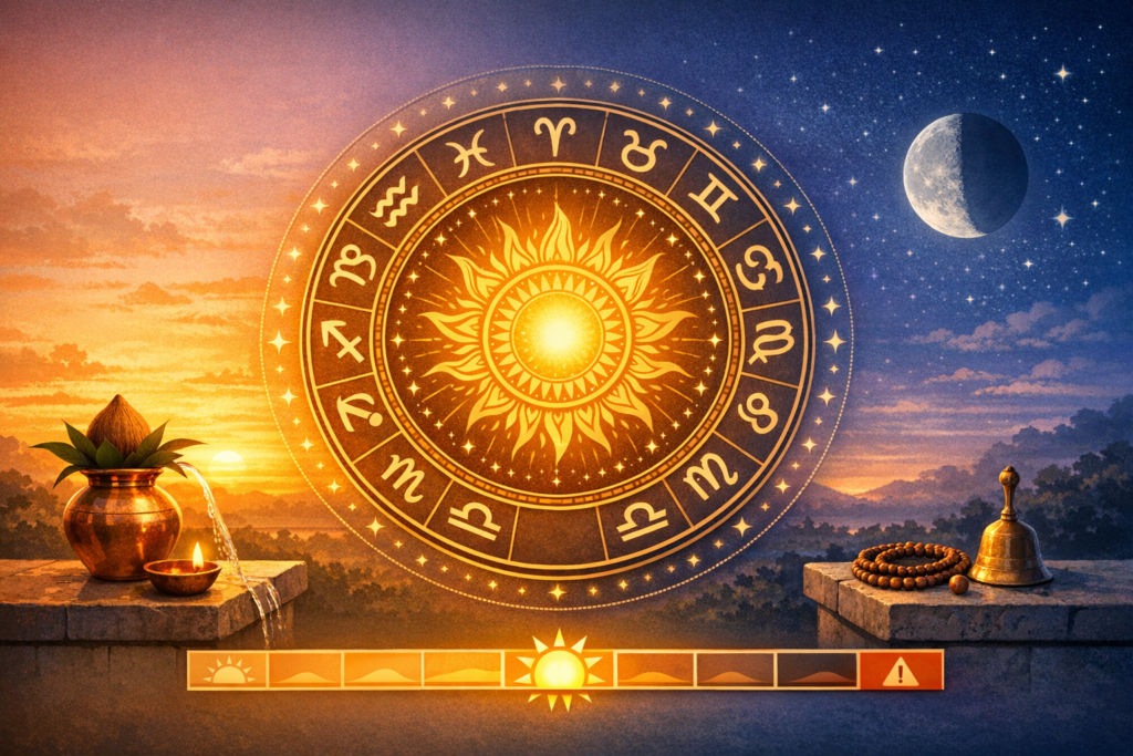 Golden zodiac wheel with radiant sun and twelve signs between dawn and starry night, crescent moon, kalash and oil lamp, prayer beads and bell—evoking astrology, horoscopes and {post.categories}.