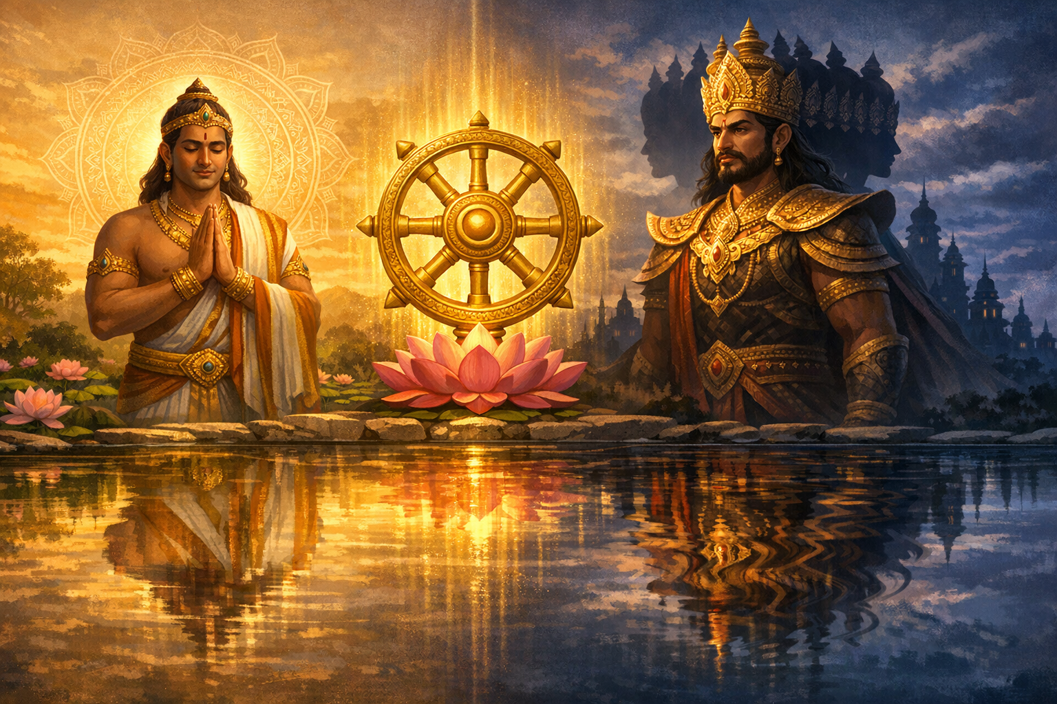 Radiant golden Dharmachakra (dharma wheel) above a pink lotus between a praying sage and an armored king, mirrored in still water; dusk temples suggest spiritual balance, ethics, and reflection.