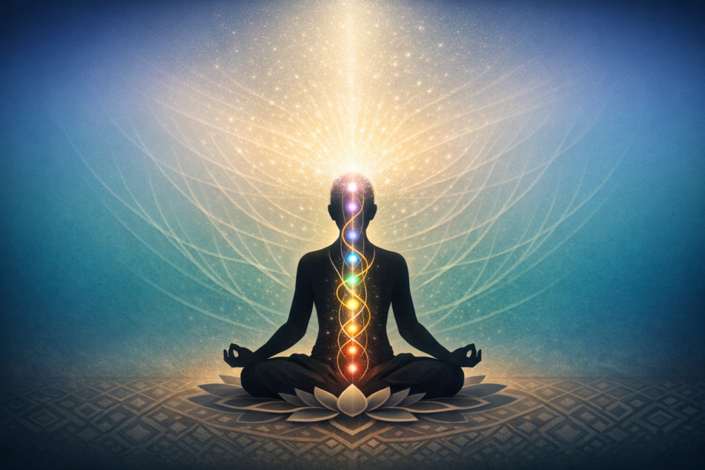Silhouette in lotus pose on a patterned mat, with seven multicolored chakras along the spine and a spiral of golden light rising to the crown, set against a radiant, starry blue-teal background.