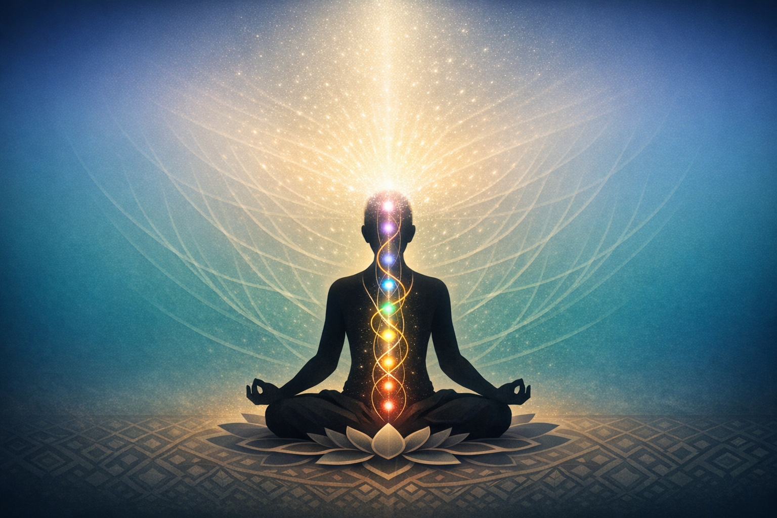 Silhouette in lotus pose on a patterned mat, with seven multicolored chakras along the spine and a spiral of golden light rising to the crown, set against a radiant, starry blue-teal background.