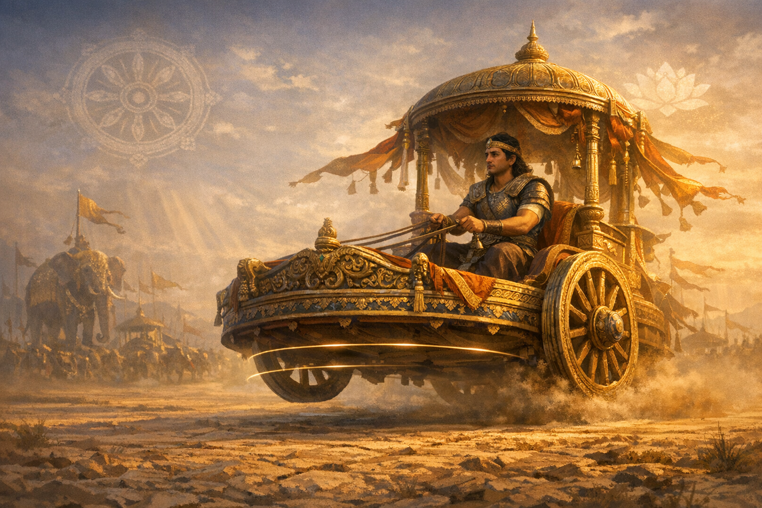 Armored warrior steering an ornate golden chariot across a dusty battlefield at sunset, with war banners, elephants, and celestial dharma-wheel and lotus motifs evoking Indian epic mythology.