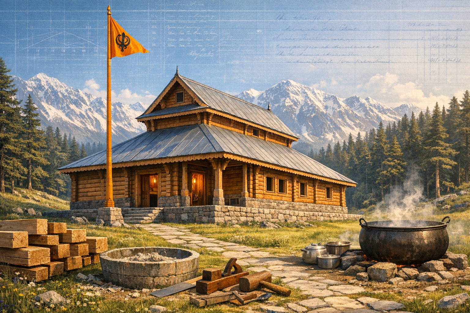 Log hall in alpine meadow with stone base, orange flag bearing a Khanda emblem, stacked timber and tools in front, and a steaming cauldron by a fire; snowy peaks and pines under faint blueprint notes.