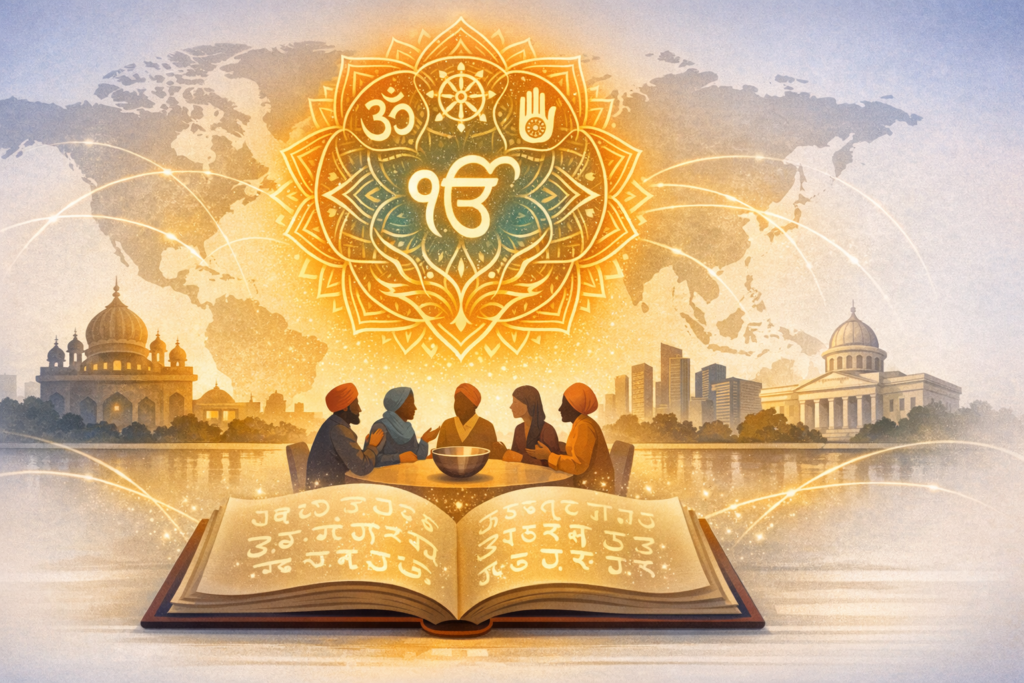 Illustrated scene of an open Sikh scripture with Gurmukhi-style letters, people sharing langar, and a mandala of Sikh, Hindu, Buddhist, and Jain symbols over a world map linking temples and cities.