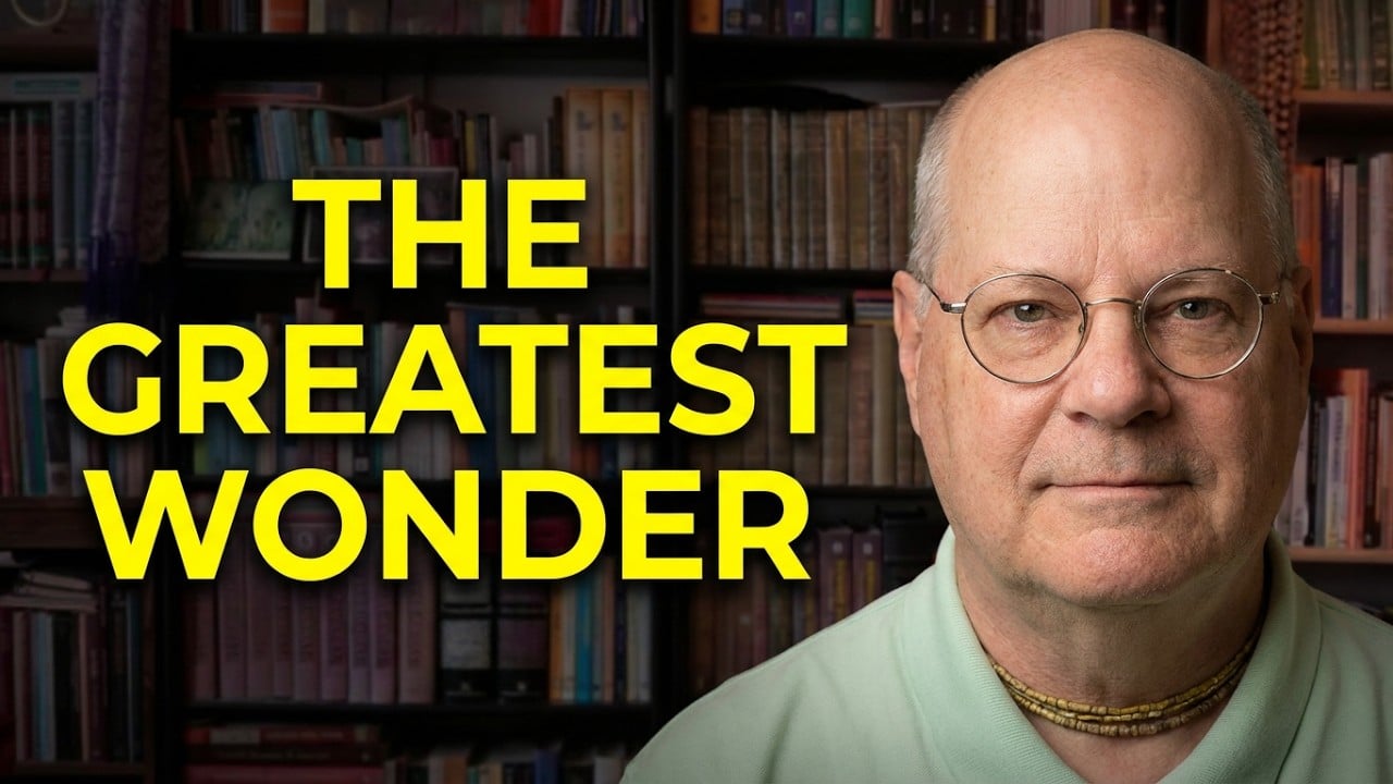 Bold yellow headline THE GREATEST WONDER beside a bespectacled person against bookshelves; clean cover graphic for a reflective post, designed with accessibility testing and SEO in mind.