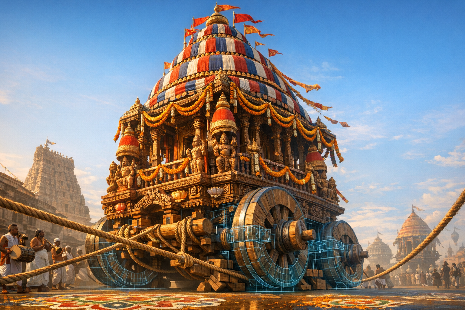 Ornate wooden temple chariot with red-white canopy and marigold garlands, hauled by devotees with ropes; rangoli and towering gopurams frame the scene as blue wireframes reveal wheel engineering.