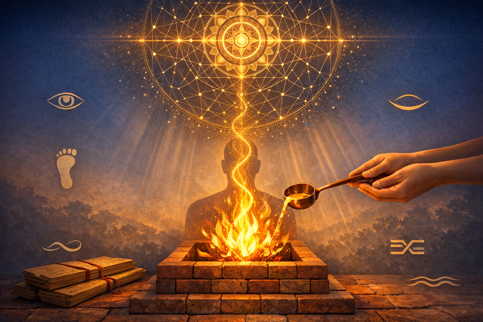 Hands pour ghee into a brick fire altar as flames rise toward a radiant mandala above a meditating silhouette, with palm-leaf texts and Vedic symbols framing the scene.