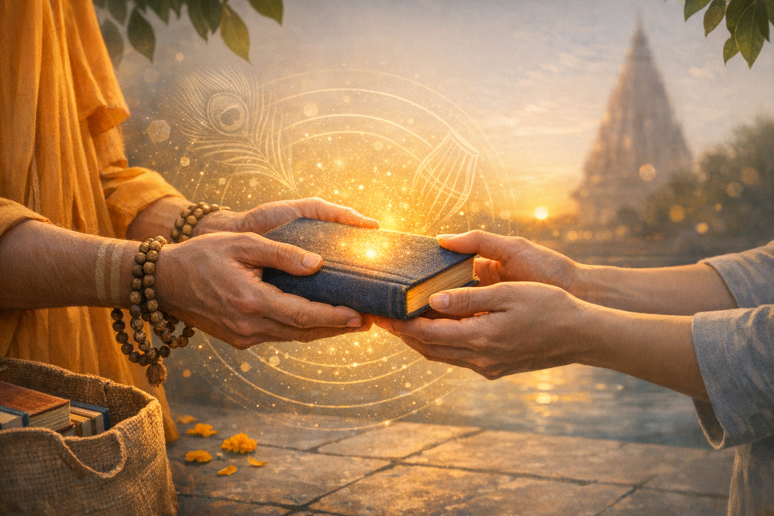 Two pairs of hands exchange a glowing hardcover book at sunrise by a river, a robed elder with prayer beads offering it to another as a distant temple and golden sparks suggest shared wisdom.