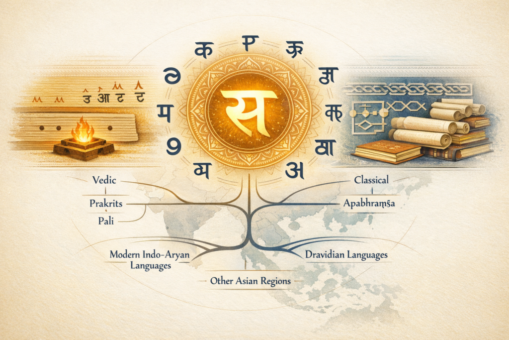 Infographic on Sanskrit evolution: golden Devanagari 'sa' centered, with Vedic altar and scrolls; branches chart Vedic, Prakrits/Pali, Classical and Apabhramsha leading to Indo-Aryan, Dravidian and Asian languages.