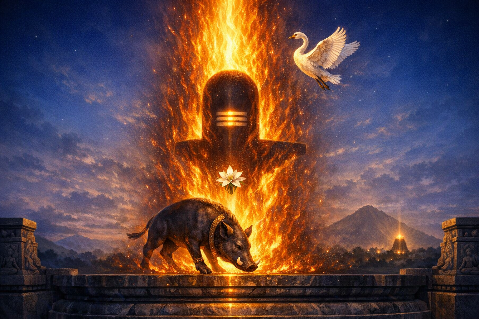 A fiery Shiva lingam rises like a pillar of flame, a white swan ascends while a boar prowls on a stone plinth below; a lotus hovers as mountains and a lit temple glow on the horizon.