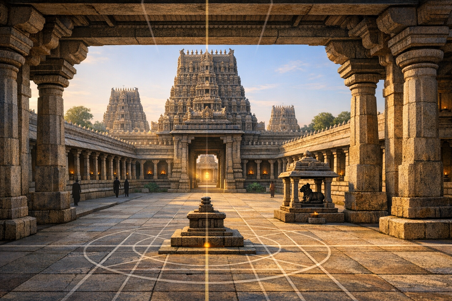 Sunlit courtyard of a South Indian Hindu temple, with stone colonnades, towering Dravidian gopurams, a central plinth and Nandi pavilion, and precise geometric floor patterns, captured at golden hour.