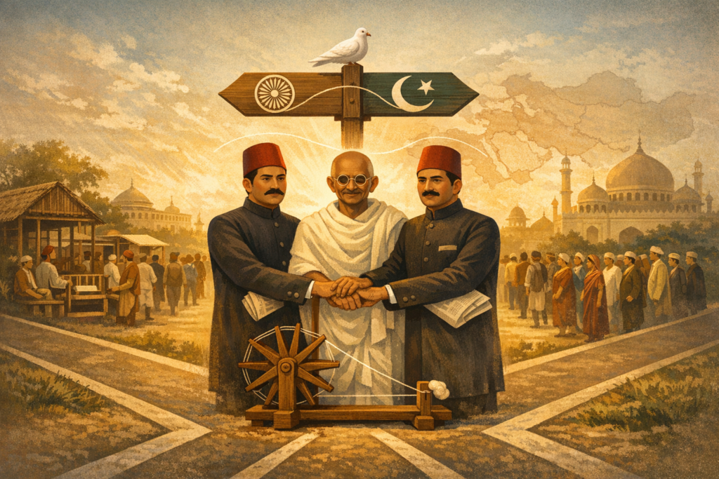 Illustration of an elderly man in white flanked by two men in fezzes, hands joined above a charkha at a crossroads, under signs with Ashoka wheel and crescent-star, dove, crowd, domes.