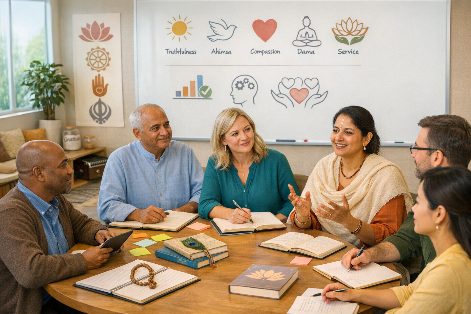 Six adults in a study circle as a facilitator speaks; a whiteboard lists Truthfulness, Ahimsa, Compassion, Dama, Service. Notes and symbols suggest mindfulness, dharma, and community service.