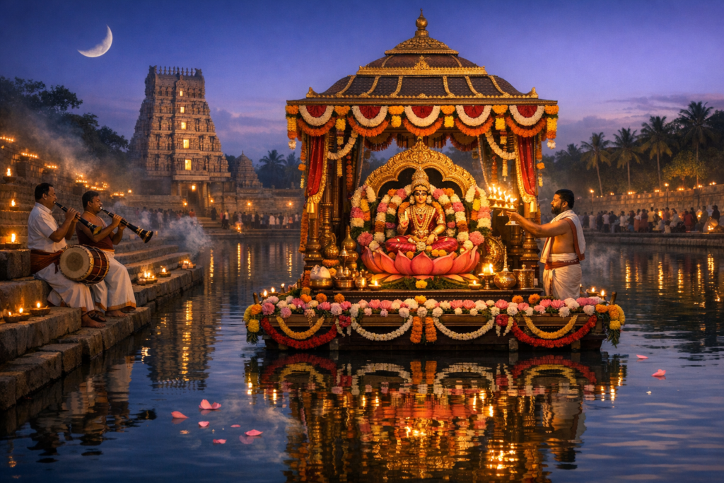 Twilight temple festival at a sacred tank: a flower-laden floating pavilion with a lotus-seated goddess, priest performing aarti, musicians on stone steps, and a gopuram mirrored in the water.