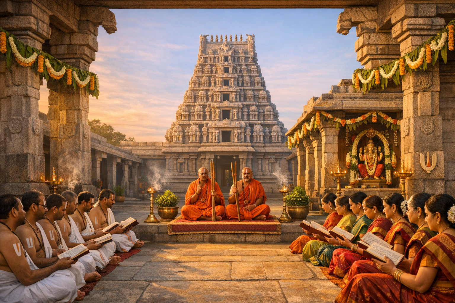 At dawn in a South Indian temple courtyard, a gopuram rises behind two saffron-clad elders. Men sit left and women right, reading scriptures as brass lamps flicker and incense drifts by garlands.