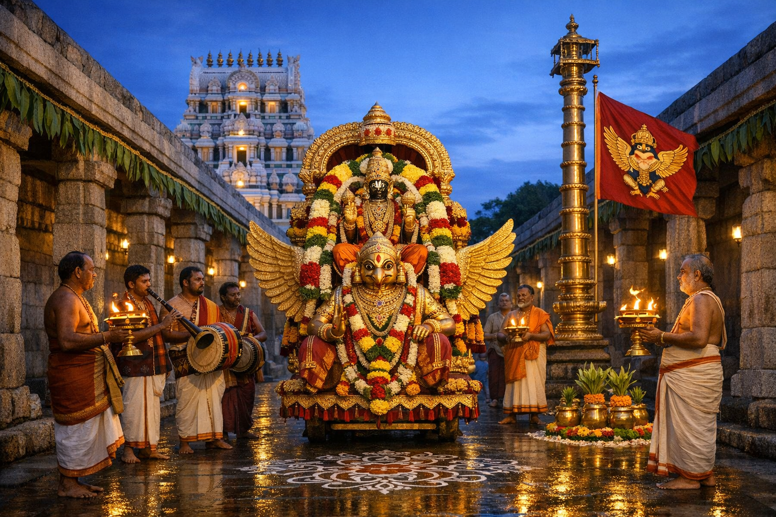 South Indian temple procession at dusk: ornate Garuda vahana bearing a deity, draped in red, white and yellow garlands, flanked by attendants with aarti lamps and musicians in a stone-lined corridor.
