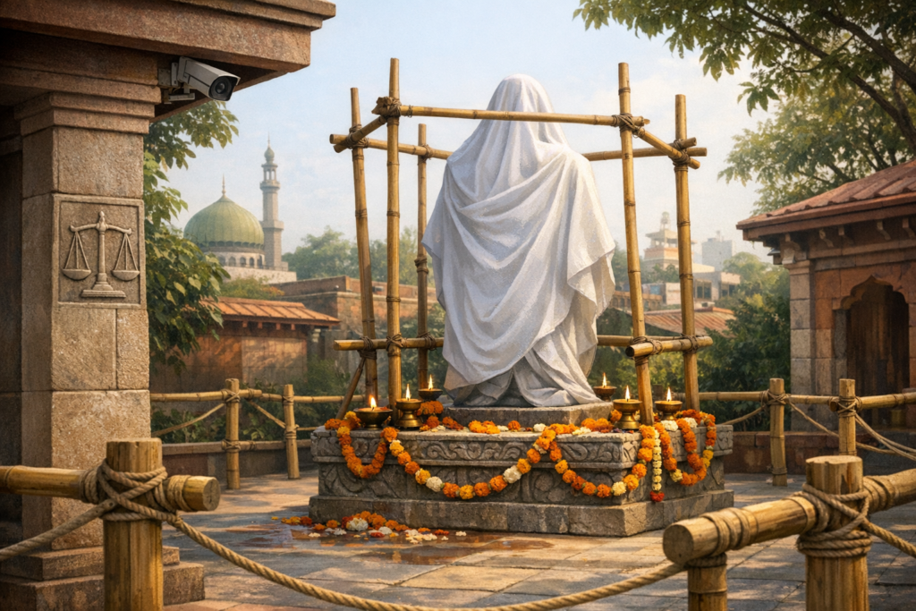 Veiled stone statue on a carved plinth with marigold garlands and oil lamps, framed by bamboo scaffolding and rope barriers; a mosque dome and minaret rise in the background - {post.categories}