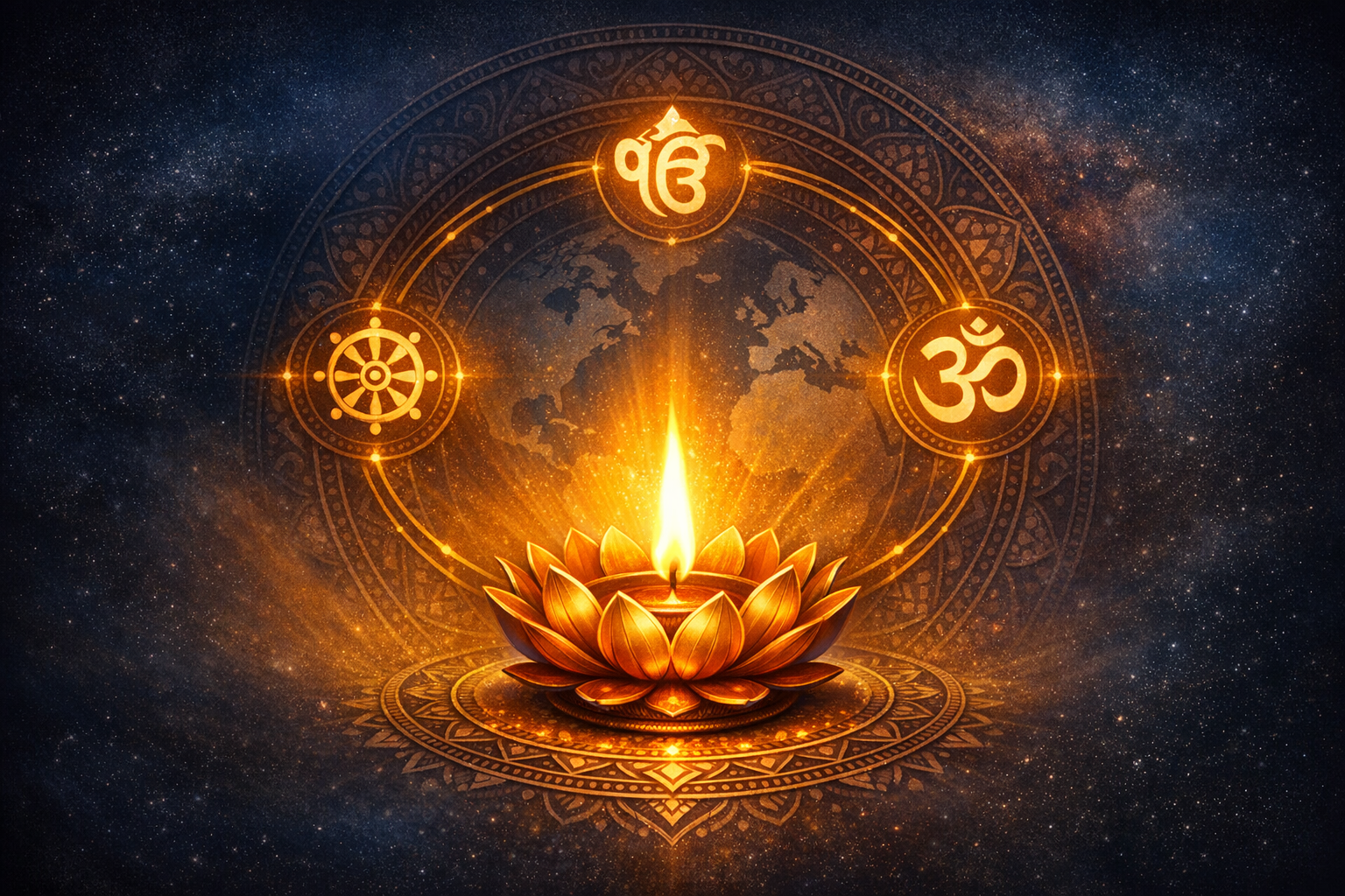 Golden lotus oil lamp glowing at center, with Om, Dharma Wheel, and Ik Onkar symbols around a faint world map in a starry cosmos, evoking interfaith spirituality, meditation, and dharma.