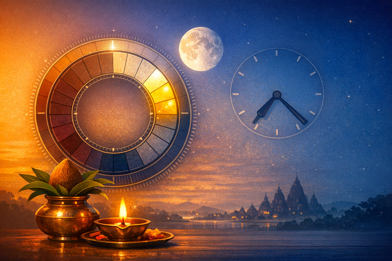 Lit diya and kalash for Hindu puja at dusk before temple silhouettes, with full moon, a segmented time dial and clock evoking muhurat, auspicious timing, panchang, festivals and Vedic astrology.