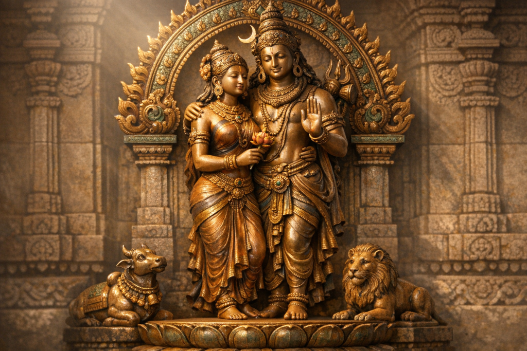 Ornate bronze temple sculpture of Shiva and Parvati beneath a carved arch; Parvati holds a lotus, Shiva raises a hand in abhaya mudra; Nandi and a lion flank them in South Indian style.