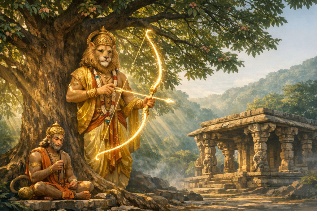 Illustration of a lion-headed deity in gold robes stringing a luminous bow beside a meditating monkey devotee under a banyan, sunlight washing an ancient stone temple in a forest; Hindu mythology scene.
