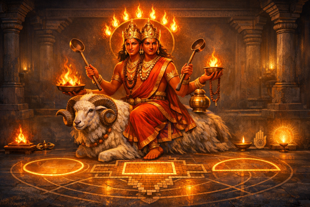 Two-headed fire deity seated on a white ram inside a stone temple, holding ladles and bowls of flame beside glowing mandalas and oil lamps; orange light evokes a sacred Vedic yajna and ritual art.