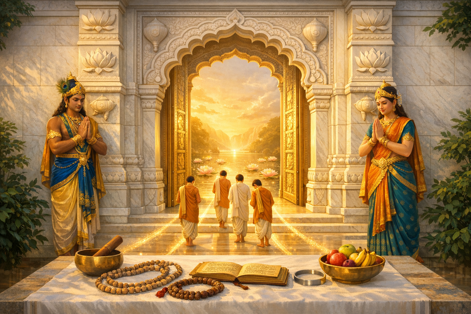 Sunlit Hindu temple scene with four monks walking through a golden arch toward a lotus-filled river; prayer beads, open scripture, fruit, and a singing bowl in the foreground; carvings and guardians.