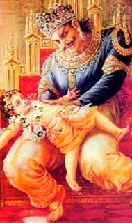 Illustration of a stern, crowned ruler on a golden throne gripping a small child on his lap, with a tense, angry expression; visual for Articles on anger, ego, power, and self-control.