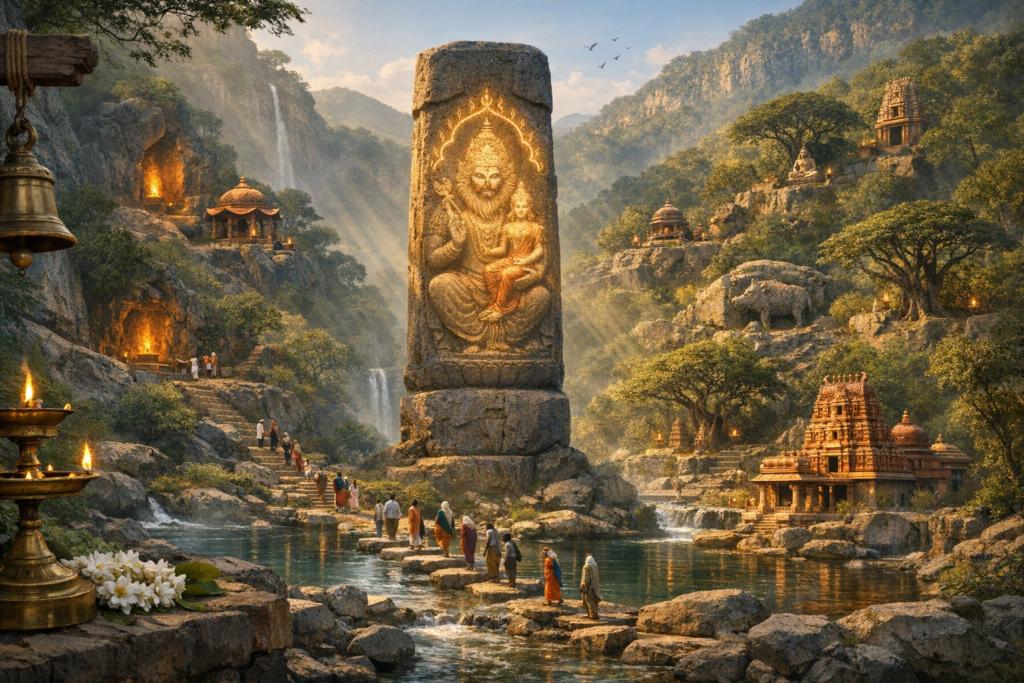 Illustration of people crossing stepping stones toward a towering rock relief of a seated deity with consort, amid waterfalls, forested cliffs, hillside shrines, and red-stone temples lit by oil lamps.
