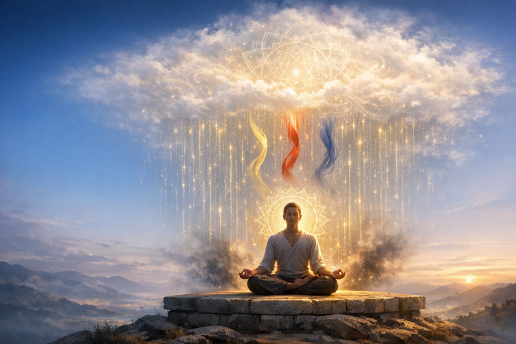 Person meditating cross-legged on a stone platform at sunrise, framed by a glowing mandala as golden sparks and red, yellow, blue ribbons of light fall from a cloud above misty mountains.