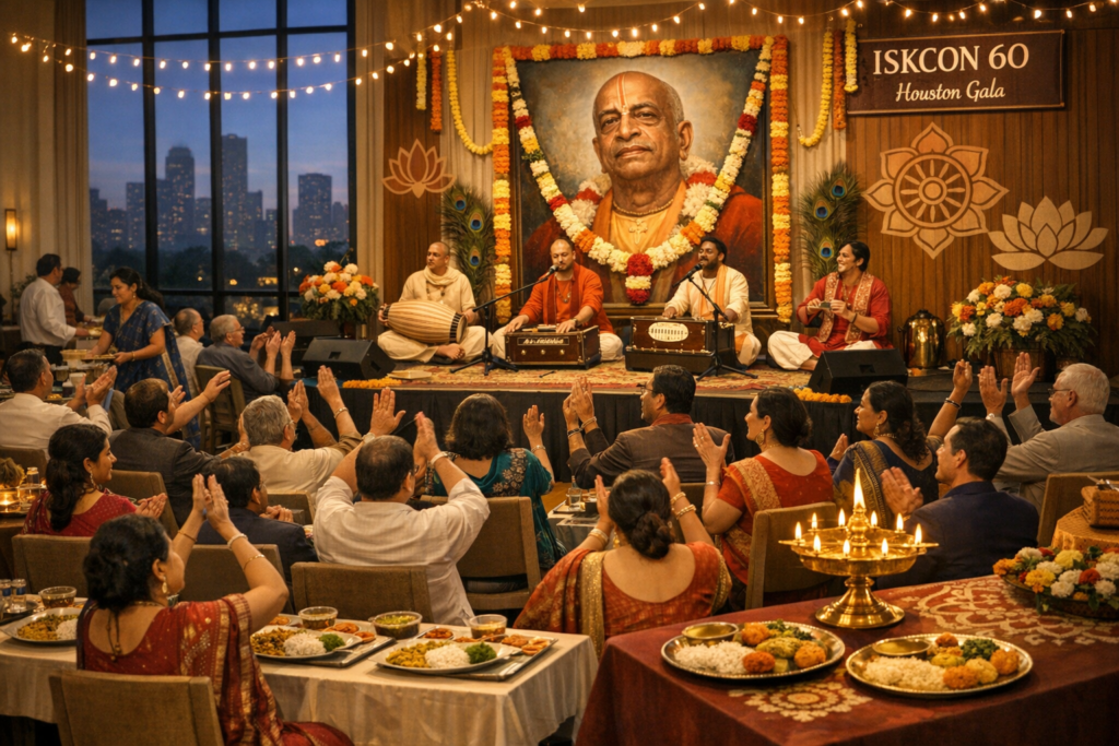 Guests at the ISKCON 60 Houston Gala applaud a kirtan ensemble onstage beneath a garlanded portrait, with string lights, city skyline windows, and plates of vegetarian prasadam in the foreground.