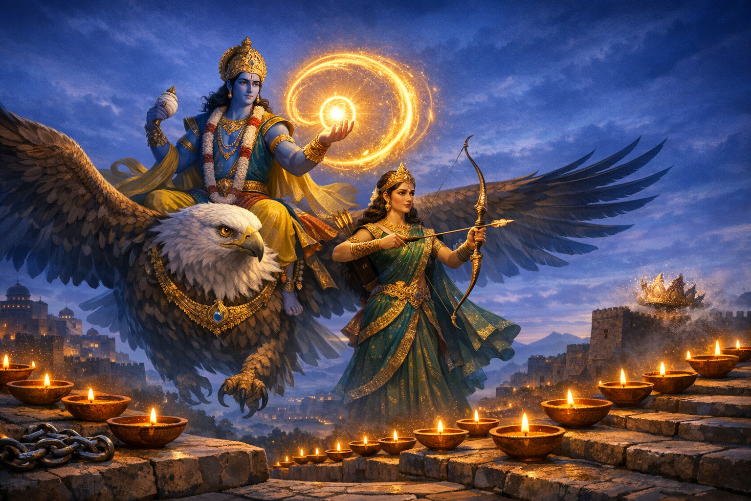 Blue-skinned deity rides a giant eagle, holding a glowing disc, alongside a winged archer in a green sari. Rows of oil lamps line stone steps; a fortified city shimmers at dusk under a deep blue sky.