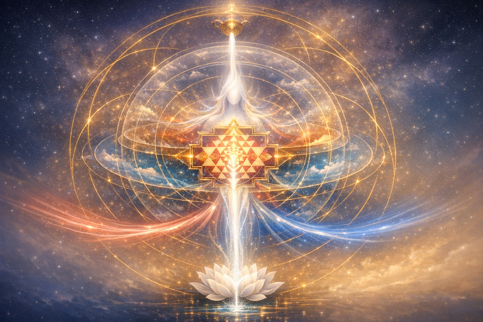 Celestial art shows a luminous figure aligned with a golden Sri Yantra and concentric mandalas, red–blue energy arcs, and a beam from a white lotus beneath a starry sky; sacred geometry meditation.