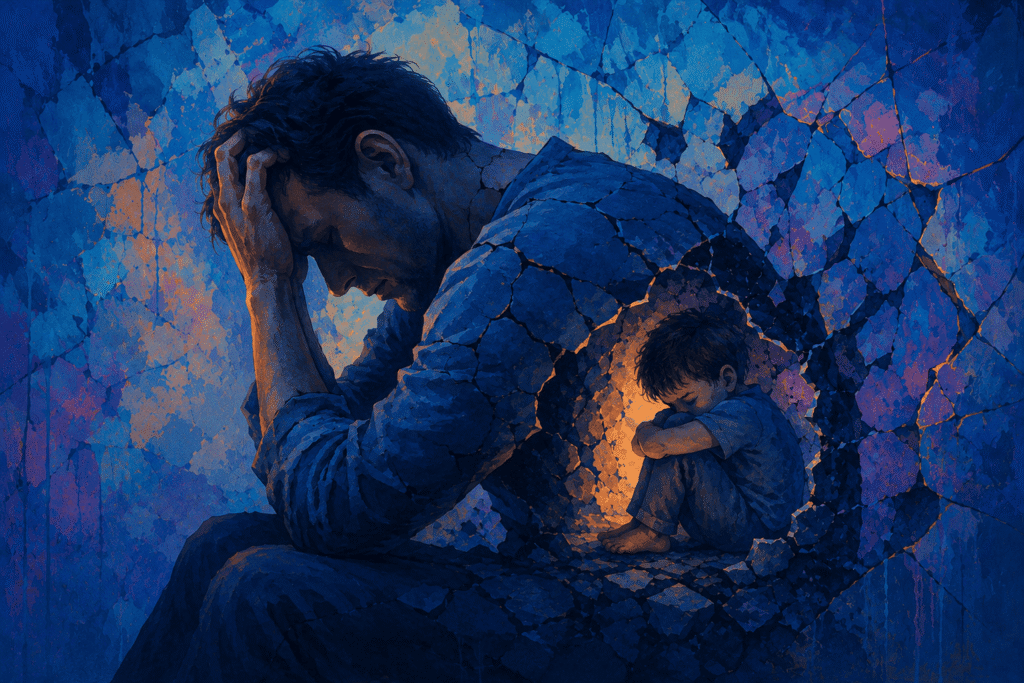 Digital painting of a hunched man, head in hand, his cracked blue silhouette revealing a child curled in warm light - blog image on childhood trauma, coping mechanisms, addiction, and healing.