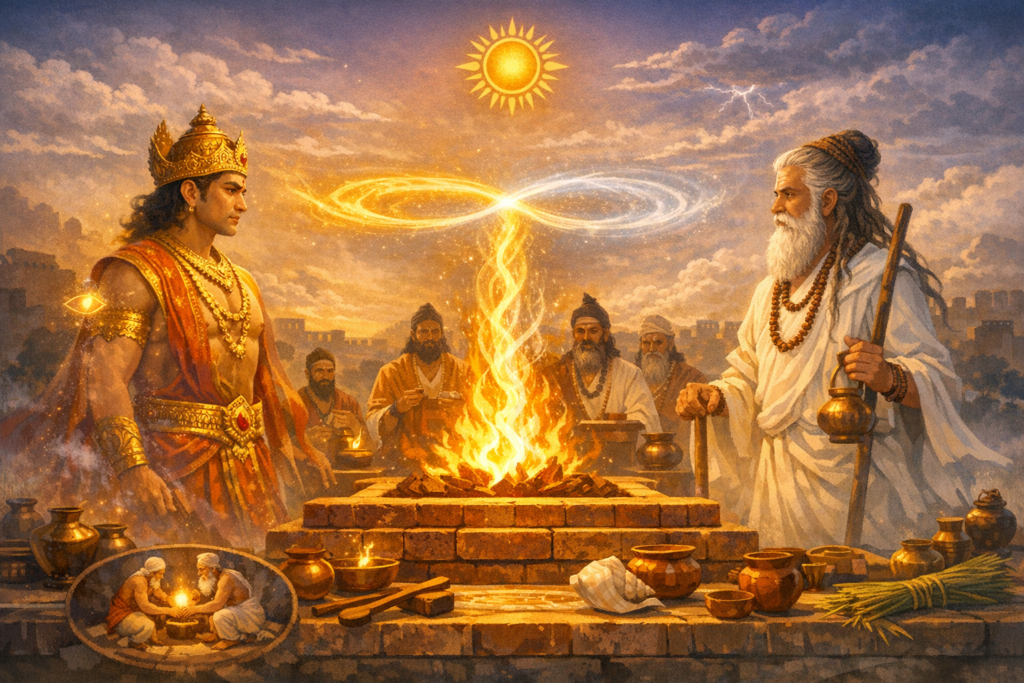 Illustrated Vedic fire ritual at a brick altar: a crowned warrior and an elderly sage face each other. Golden flames rise into an infinity loop beneath the sun; vessels, conch, and grains in view.