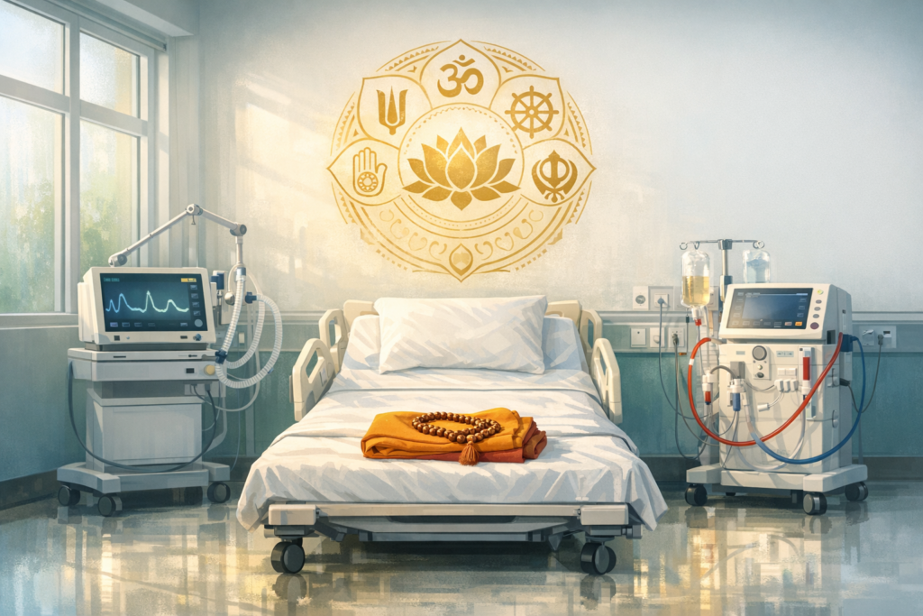 Sunlit hospital room with empty adjustable bed; ventilator and ECG monitor left, dialysis unit right with IV bags; saffron cloth and prayer beads on sheets; golden interfaith mandala on wall.