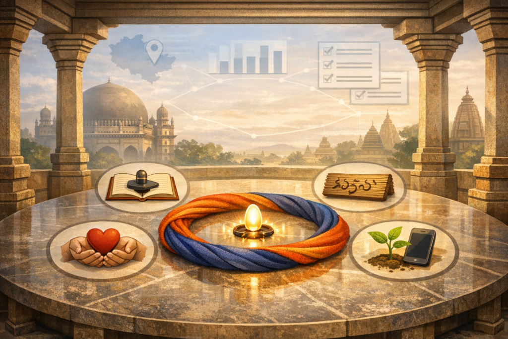 Glowing diya inside a blue‑orange braided ring on a stone table, with icons for study, script, compassion, and green tech; temple skyline with faint maps, charts, and checklists; {post.categories}
